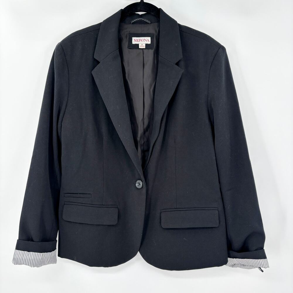 Merona Women's Blazer Jacket Black Striped‎ Cuff One Button Size 10